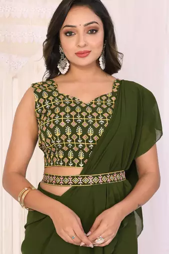 ready to wear mehendi georgette ruffle style saree with blouse & belt