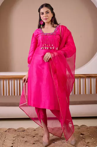 Fuchsia pink raw silk suit with hand embroidery