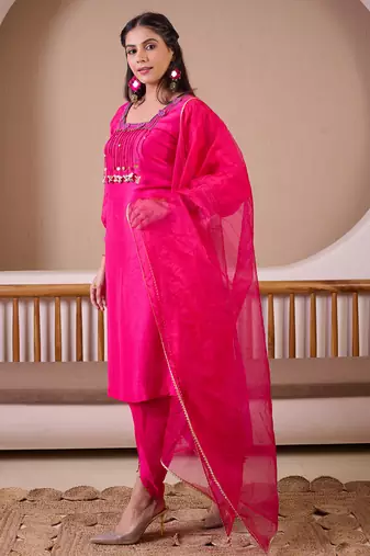 Fuchsia pink raw silk suit with hand embroidery