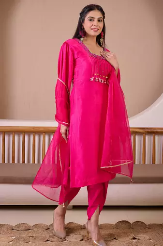 Fuchsia pink raw silk suit with hand embroidery