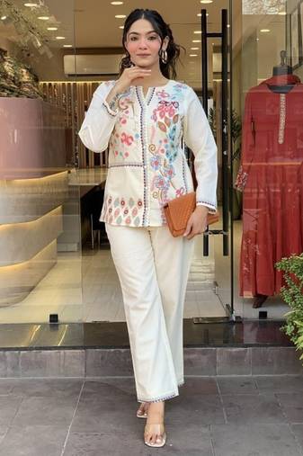 White Multicolor Embroidered Cotton Co-Ord Set 