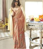 dark peach poly viscose georgette floral foil work saree
