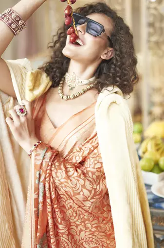 dark peach poly viscose georgette floral foil work saree