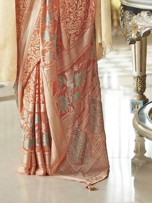 dark peach poly viscose georgette floral foil work saree 4