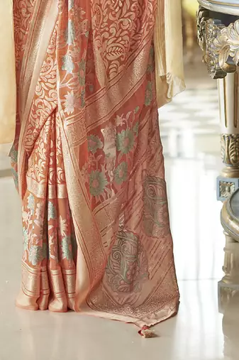dark peach poly viscose georgette floral foil work saree
