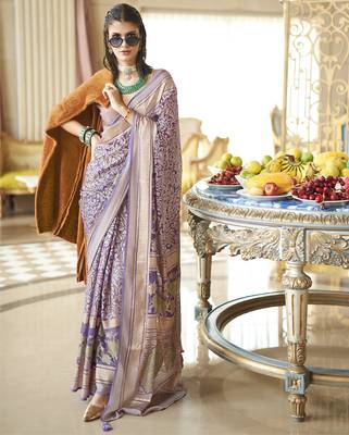 greyish purple poly viscose georgette floral foil work saree 1