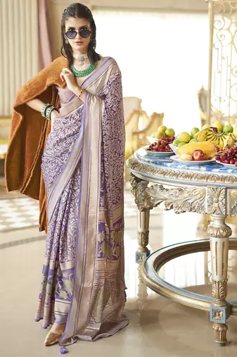 greyish purple poly viscose georgette floral foil work saree