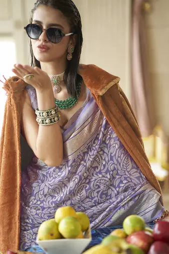 greyish purple poly viscose georgette floral foil work saree