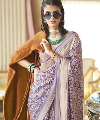 greyish purple poly viscose georgette floral foil work saree 3