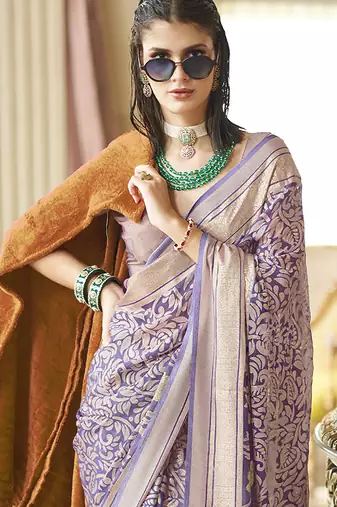 greyish purple poly viscose georgette floral foil work saree