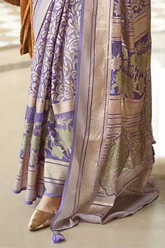 greyish purple poly viscose georgette floral foil work saree