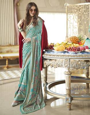 cyan blue poly viscose georgette floral foil work saree 1