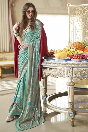 cyan blue poly viscose georgette floral foil work saree
