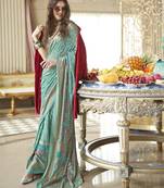 cyan blue poly viscose georgette floral foil work saree