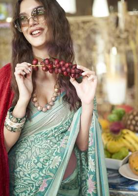 cyan blue poly viscose georgette floral foil work saree 3