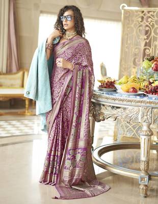 twilight lavender poly viscose georgette floral foil work saree 1