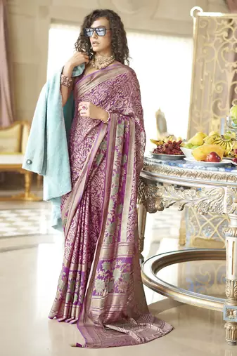 twilight lavender poly viscose georgette floral foil work saree