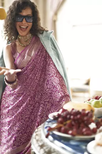twilight lavender poly viscose georgette floral foil work saree
