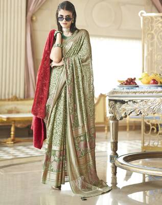 camo green poly viscose georgette floral foil work saree 1