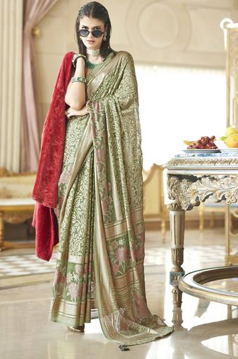 camo green poly viscose georgette floral foil work saree