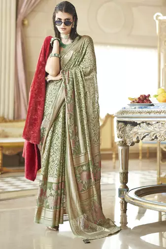 camo green poly viscose georgette floral foil work saree