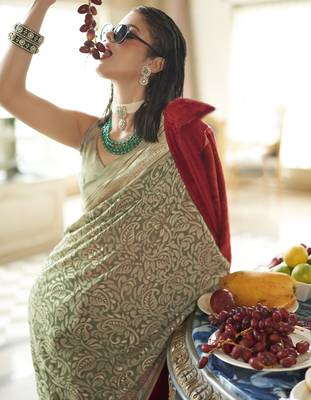 camo green poly viscose georgette floral foil work saree 2