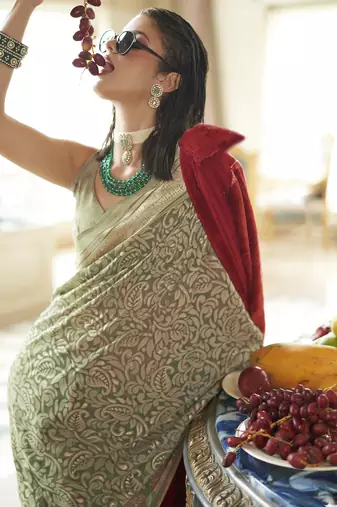 camo green poly viscose georgette floral foil work saree