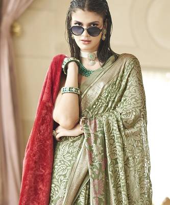 camo green poly viscose georgette floral foil work saree 3