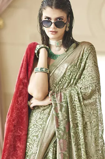camo green poly viscose georgette floral foil work saree