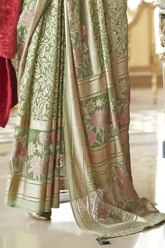 camo green poly viscose georgette floral foil work saree