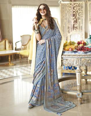 slate blue poly viscose georgette floral foil work saree 1