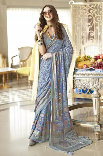 slate blue poly viscose georgette floral foil work saree