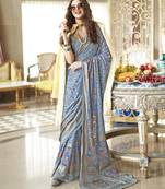 slate blue poly viscose georgette floral foil work saree