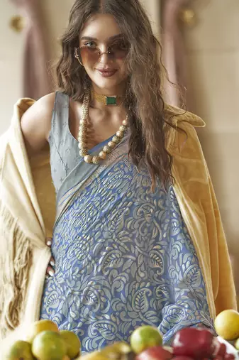 slate blue poly viscose georgette floral foil work saree