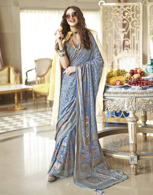 slate blue poly viscose georgette floral foil work saree 4