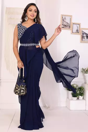 navy blue Georgette Ready to Wear Ruffle Style Saree With Blouse & Belt