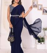 ready to wear navy blue georgette ruffle style saree with blouse & belt