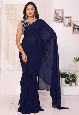 ready to wear navy blue georgette ruffle style saree with blouse & belt 2