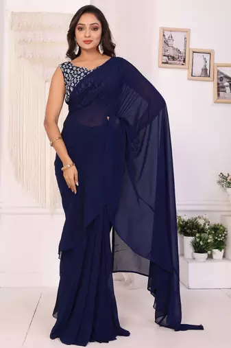 ready to wear navy blue georgette ruffle style saree with blouse & belt