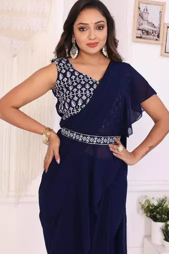 ready to wear navy blue georgette ruffle style saree with blouse & belt