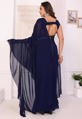 ready to wear navy blue georgette ruffle style saree with blouse & belt 4