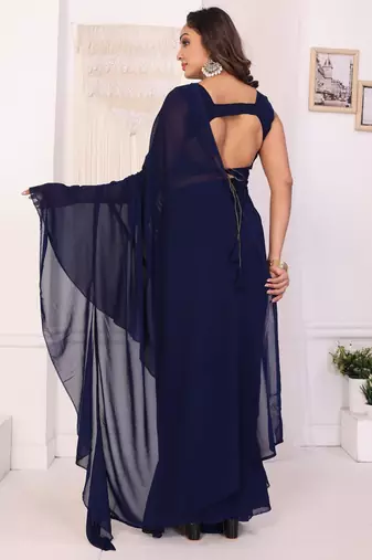 ready to wear navy blue georgette ruffle style saree with blouse & belt