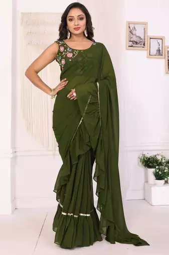 Attractive Georgette Fabric Ruffle Style Ready to Wear Saree With Unstitched Embroidery Blouse