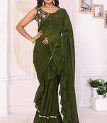 ready to wear attractive georgette fabric ruffle style saree with unstitched embroidery blouse