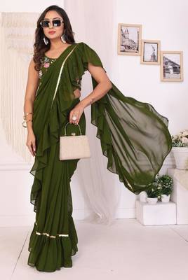 ready to wear attractive georgette fabric ruffle style saree with unstitched embroidery blouse 2