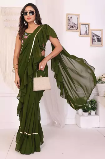 ready to wear attractive georgette fabric ruffle style saree with unstitched embroidery blouse