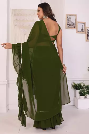 ready to wear attractive georgette fabric ruffle style saree with unstitched embroidery blouse