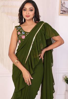 ready to wear attractive georgette fabric ruffle style saree with unstitched embroidery blouse 4