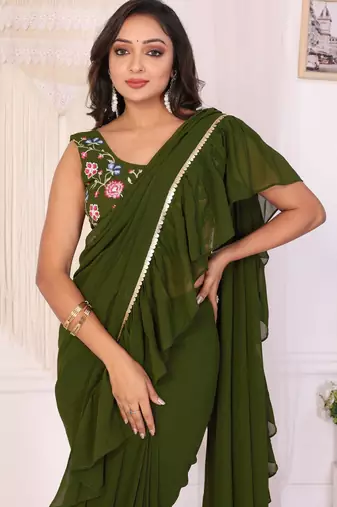 ready to wear attractive georgette fabric ruffle style saree with unstitched embroidery blouse
