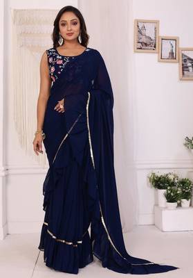 ready to wear navy blue georgette fabric ruffle style saree with unstitched blouse 2